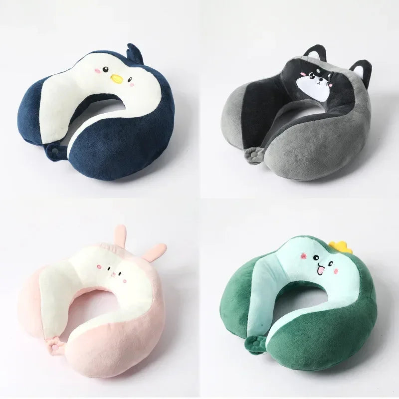 Cartoon Travel Neck Pillow with Adjustable Clips – Portable U-Shaped Pillow for Car & Airplane