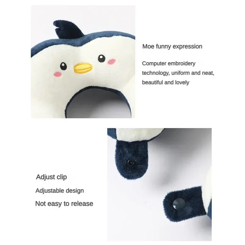 Cartoon Travel Neck Pillow with Adjustable Clips – Portable U-Shaped Pillow for Car & Airplane