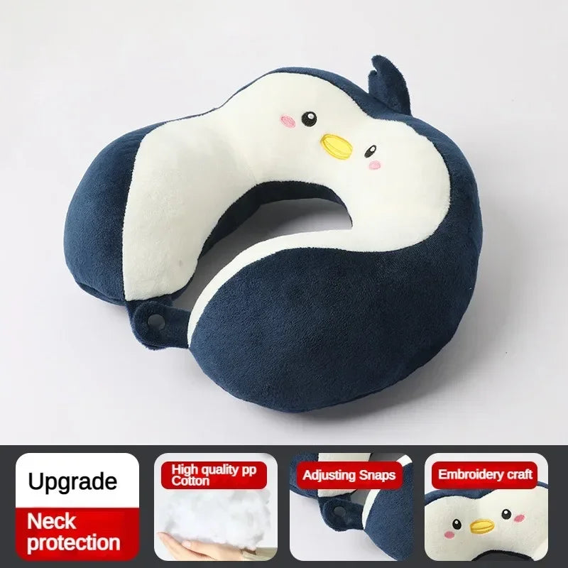 Cartoon Travel Neck Pillow with Adjustable Clips – Portable U-Shaped Pillow for Car & Airplane
