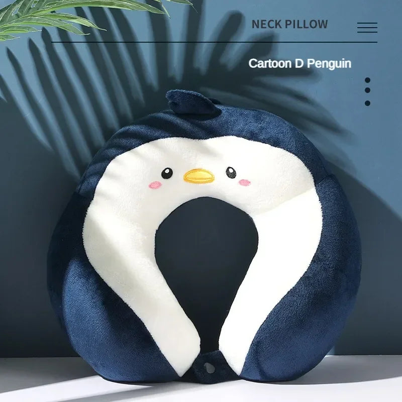 Cartoon Travel Neck Pillow with Adjustable Clips – Portable U-Shaped Pillow for Car & Airplane