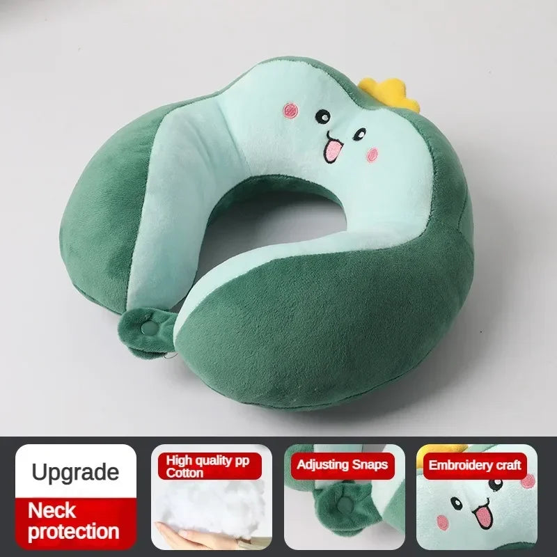Cartoon Travel Neck Pillow with Adjustable Clips – Portable U-Shaped Pillow for Car & Airplane
