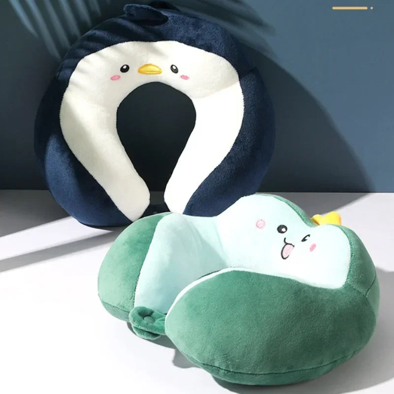 Cartoon Travel Neck Pillow with Adjustable Clips – Portable U-Shaped Pillow for Car & Airplane