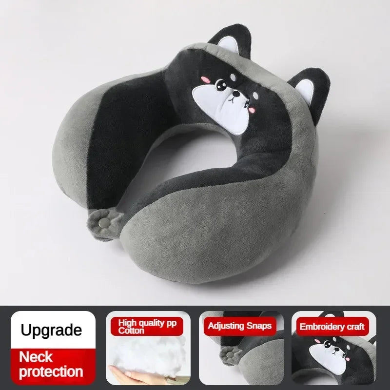 Cartoon Travel Neck Pillow with Adjustable Clips – Portable U-Shaped Pillow for Car & Airplane
