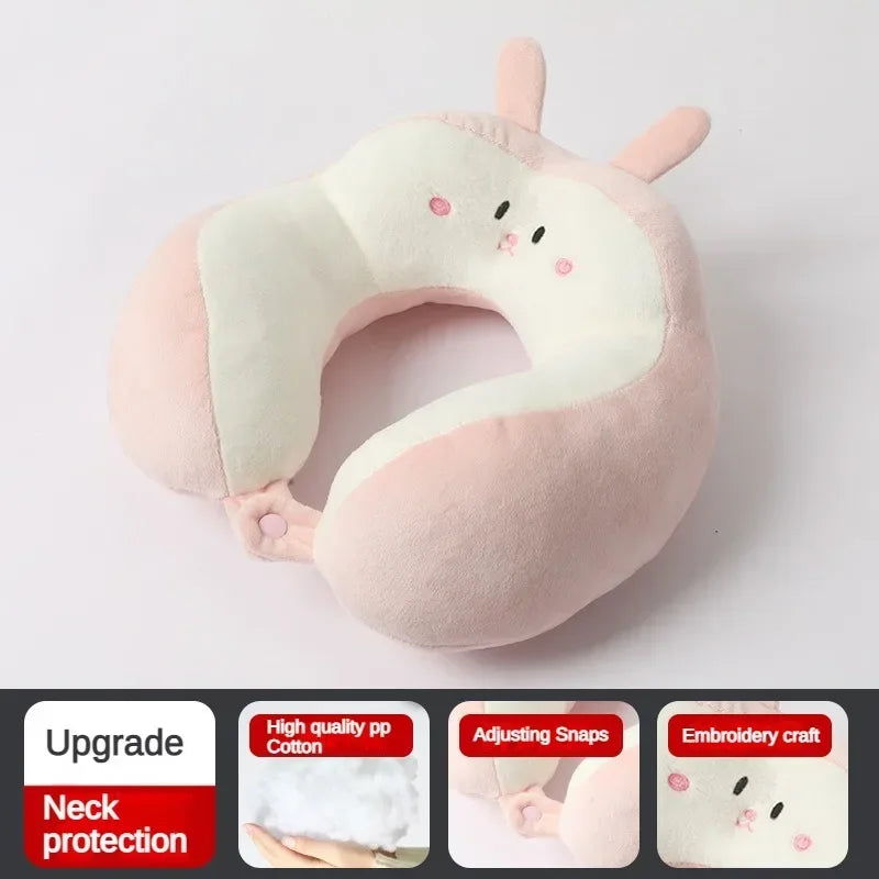 Cartoon Travel Neck Pillow with Adjustable Clips – Portable U-Shaped Pillow for Car & Airplane
