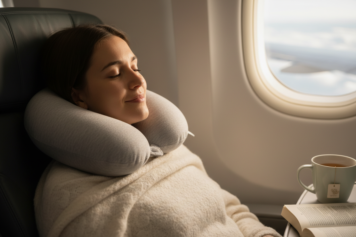 someone looking relaxed wearing a neck pillow